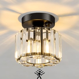 Piepooye Indoor Motion Sensor Ceiling Light Fixture Modern Small Crystal Semi Flush Mount Ceiling Light Black Mini Round Chandelier for Hallway Closet Entryway Bathroom Kitchen