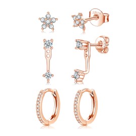 Sterling Silver Rose Gold Stud Hoop Earrings Set for Women Girls, 3 Pairs Hypoallergenic Silver Cubic Zirconia Stud Hoop Earrings set, Small Cartilage Sleeper Earrings Stacks Set for Multiple Piercing