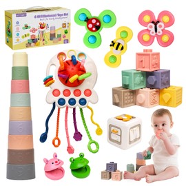 Christmas Stocking Stuffers 6 in 1 Montessori Toys for Babies 6-12 Months, Infant Sensory Pull String Toy, Fidget Spinners Soft Baby Blocks & Stacking Cups for Toddlers 1-3, Baby Gifts for 1 Year Old