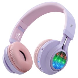Riwbox WT-7S Kids Bluetooth Headphones Light Up, Foldable Stero Wireless Headset,with Microphone and Volume Control,Comfortable and Durable,for PC/Tablet/TV/Travel(Purple)