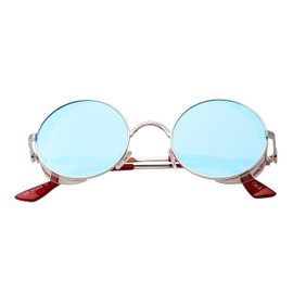 Ultra Steampunk Round Sunglasses Silver with Ice Blue Lenses Retro Mens Women Cosplay Cyber Gothic Vintage UV400 Protection Goggles Blinders Unisex
