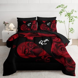 lneffble 7 Piece Red and Black Rose King Comforter Set，King Quilt Bedding Set Rose，(1 Comforter, 1 Flat Sheet, 1 Fitted Sheet, 2 Pillowcase and 2 Pillow Sham)
