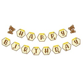 Bear Happy Birthday Banner, Teddy Bear Theme Bday Party Pennant Decor, Cute Honeycomb Birthday Sign for Daughter Son