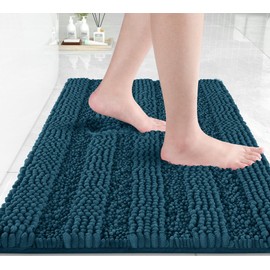 Yimobra Bathroom Rug Mat 24 x 17, Non Slip and Super Absorbent Bath Mat,Machine Washable Quick Dry,Ultra Plush Chenille Shower Rugs for Bathroom Floor Sink Tub and Shower Outside,Peacock Blue