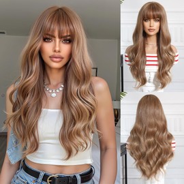 Aecaeceo Brown Wig with Bangs Long Wavy Wigs for White Women Synthetic Wig Highlight Long Brown Curly Wig 26 Inches Womens Wigs Natural Hair Replacement Wigs for Cosplay Holiday Daily Party Use