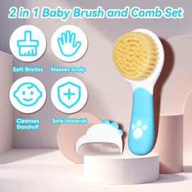 Baby Hair Brush and Comb Set, Soft Bristles Cradle Cap Brush for Newborns, Toddlers, Baby Registry Gift (Blue)