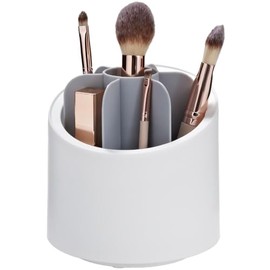 Makeup Brush Organiser, Grey Holder with Dividers, Rotating Cosmetics Storage