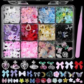 3D Nail Charms and Gems, Assorted Bows Flowers Color Butterfly Rose Flowers Star Heart Hollow Nail Charms Silver Cherry Heart Nail Gems Rhinestone Charms for Nail Art DIY Design