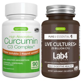 Igennus Healthcare Nutrition Live Cultures+ Lab4 Probiotics + High Absorption Curcumin C3 Complex Vegan Bundle, 25 Billion CFU Probiotic, Non-Bloating Prebiotic + 300% Greater Absorption Curcuminoids with Rapid Uptake, By Igennus