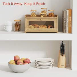 Goozii Wood Bread Box for Kithcen Countertop, Rustic Breadox Storage Container for Homemade Bread, Small Bread Keeper Holder Organizer with Window (Natural Bamboo)