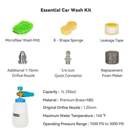 MINGOU Foam Cannon for Pressure Washer Soap Dispenser Snow Foam Cannon Car Wash with 1/4" Quick Connector,1L Bottle, Additional 1.15 mm Orifice Nozzle(Blue)