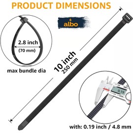 ALBO Zip Ties Black 10 Inch 100 Pack 50 lb, Long Plastic Cable Ties Thick 0.19 Inch Tie Wraps Heavy Duty UV Resistant Nylon Wire Ties for Indoor and Outdoor
