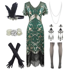 Women Vintage 1920s Dresses Floary Beaded Cocktail Flapper Dress w/Sleeves 20S Gatsby Party Accessories Set (Gold Green, X-Large)