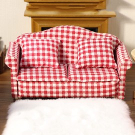 Dollhouse Couch Miniature Sofa with Pillows Dollhouse Living Room Funiture 1:12 Scale Model 3 Pcs High Simulation Upholstered Wooden Fabric Armchair Mini Room Artificial House Scene Decoration (Plaid)