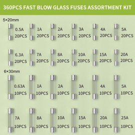 Joinfworld 360Pcs Fast Blow Glass Fuse Assortment Kit 24 Values Automotive Fuses Kit 250V 0.5A 0.63A 1A 2A 3A 4A 5A 6.3A 7A 8A 10A 15A 20A 25A 5x20mm & 6x30mm Glass Fuses
