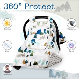 Baby Car Seat Cover, Car Carseat Canopy Boys, Minky Cozy & Warm Cover, Infant Carrier Cover with Peep Windows, Soft & Breathable, Adventure Mountain Nursery Theme