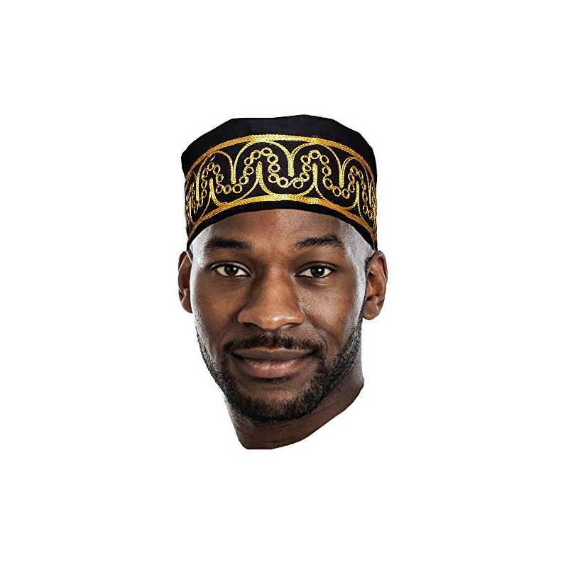 Dupsie's Adebo African Kufi Hat with Embroidery, Black and Gold,