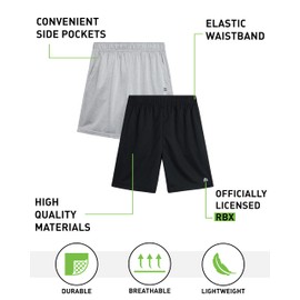 RBX - Pantalones cortos deportivos para niño, paquete de 2 pantalones cortos de gimnasio activos de rendimiento con cintura elástica y bolsillos laterales (tamaños: 8-16), Gris Jaspeado Negro, 14-16