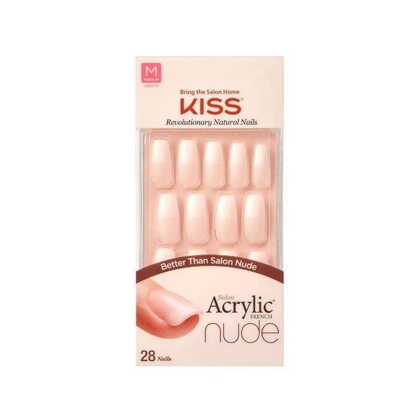 KISS Salon Acrylic French Nail Manicure Set, Medium Length, Nude, Square, “ Leilani”, Nail Kit Includes Pink Gel Nail Glue (Net Wt. 2 g / 0.07oz.), Mini File, Manicure Stick, and 28 Fake Nails
