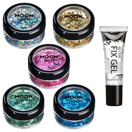 Moon Glitter Holographic Shapes - 100% Cosmetic Glitter for Face, Body, Nail, Hair and Lips - 3 g - Set of 5 Colours