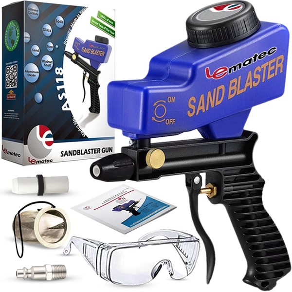 LE LEMATEC Sand Blaster Gun Kit for Air Compressor; Paint and Rust Remover for Metal, Wood and Glass Etching; Up to 150 PSI Multi-Media Blaster for Aluminum, Sand, Walnut Shells and Soda Blaster Jobs