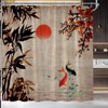 Japanese Shower Curtain Asian Red Plum Blossom Sun Koi Bamboo