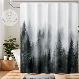 ALINK Misty Forest Shower Curtain for Bathroom, Nature Woodland Shower Curtain Set with Hooks, Decorative Pine Tree Fog Magic Bath Curtain for Home, Waterproof Fabric, Weighted, 72x72 (Dark Green)