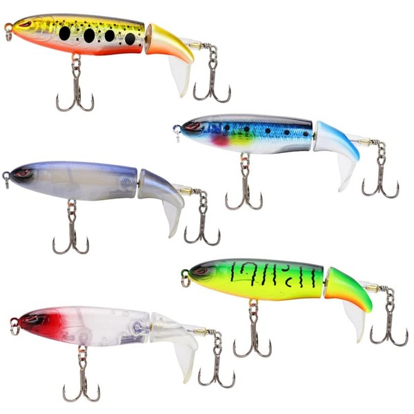 OriGlam 5pcs Fishing Lures Whoppers Plopper Bass Lure Artificial Swimbaits Whopper Plopper Hard Lure Topwater with Floating Rotating Tail Hooks