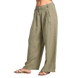 Amazhiyu Women's 100% Linen Plant-Dyed Summer Mid-Rise Wide Leg Pants with Pockets Green, Small