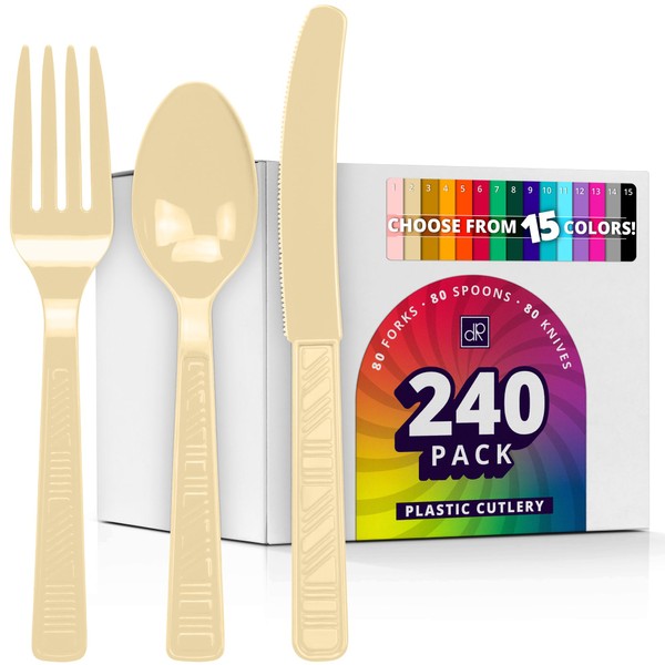 DecorRack Plastic Cutlery Set, Cream Plastic Silverware Sets for Parties,