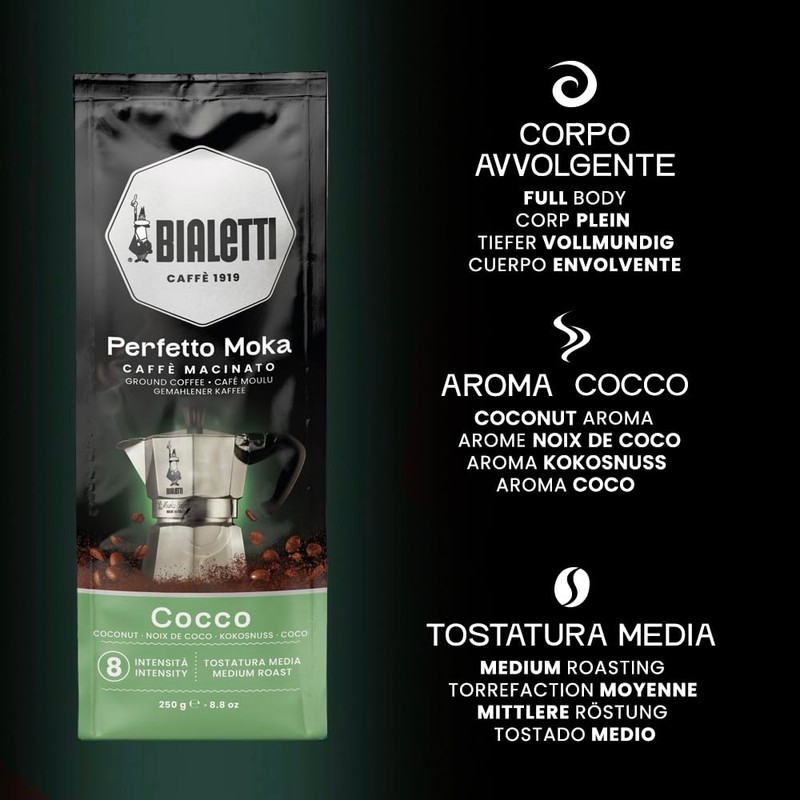Bialetti Perfetto Moka Caffè Macinato, Gusto Cocco - 1 x