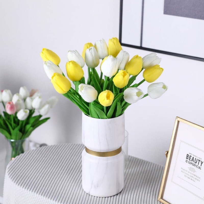Deorok 30pcs Artificial Latex Tulips Flowers Faux Tulip Stems PU
