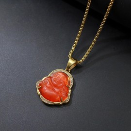 AILUOR Happy Laughing Buddha Necklaces, Lucky Chain Buddha Pendant Green Jade Buddha Necklace Iced Out Bling Zircon 18K Gold-Plated Chain Dainty Amulet Necklace Jewellery Gift (Red)
