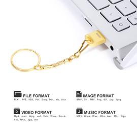 USB Stick 32 GB, Mini Memory Stick 32 GB USB 2.0 Flash Drive 32 GB Metal Pen Drive Memory Stick with Key Rings for PC, Laptop, TV, Speaker, Car, External Data Storage etc. (Gold)