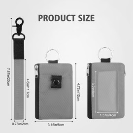 Double-Sided Zipper Badge Holder with Clear ID Window, Wrist Lanyard, Detachable Key Ring & Metal Clasp - Heavy Duty RFID Blocking Card Wallet for Work, Nurses, Teachers, Grey