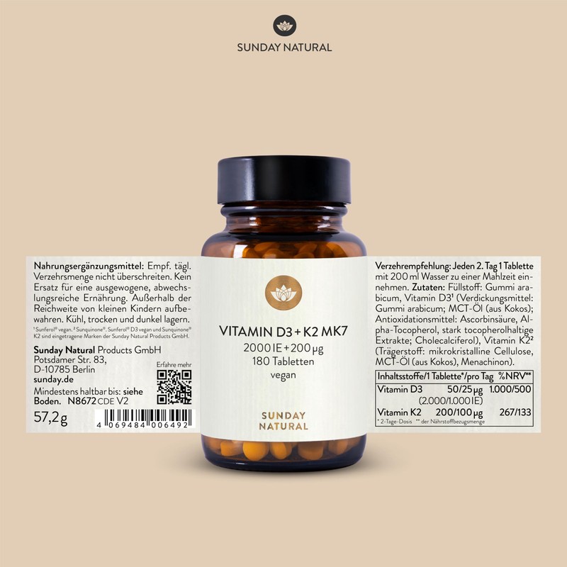 SUNDAY NATURAL® Vitamin D3 K2 Tablets - 99.8% All-Trans MK-7