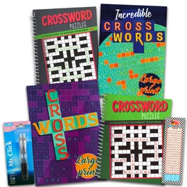 Crossword Puzzle Books Adults, Seniors - Set of 4 Jumbo Variety Crossword Books Bundle Plus Pens and Bookmark | Over 320 Pages Total