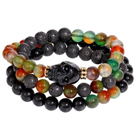 Xfoxstal Wrap Agate Stretch Beaded Bracelets Protection Obsidian Small Skull Lava Stone Bracelet for Women Essential Oil Diffusers Jewelry Meditation Gifts 8mm