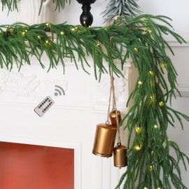 6FT Christmas Garland Prelit Real Touch Norfolk Pine Garland Artificial Realistic Greenery Garland for Mantle Fireplace Table Centerpiece Indoor Outdoor Home Decor