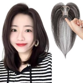 QIAOXI Hair Piece Point Wig, Fully Hand Planted, Black Net, Partial Wig, 100% Human Hair, Women's Wig, Medical Use, Natural, Top of Head, Hidden Gray Hair, Bangs, Flirty, Breathable, Women's Top