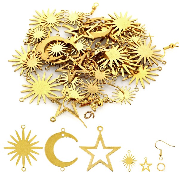 ASTER Pack of 45 Charm Brass Star Charm Moon Sun Connection Pendant Kit for Jewellery Making Small Sun Star Moon Jewellery Charm DIY Jewellery Making, Brass, No Gemstone