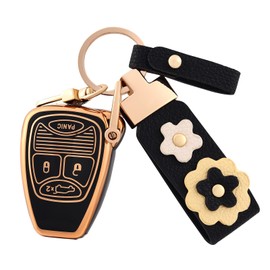 OFF WE GO for Jeep Key Fob Cover with Leather Keychain, Soft TPU Key Case Protection Fit for Jeep Wrangler Compass Dodge Ram Durango Caliber Dakota Nitro Chrysler Smart Car Key (Gold Black)