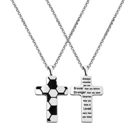 Inspirational Soccer Cross Necklace Engraved Bible Verse Stainless Steel Soccer Sport Pendant Necklace Teens Gift (always remember, silver)