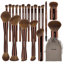 MAANGE 20 PCS Foundation Makeup Brush Set, Double-ended Kabuki Brush Contour for Liquid Powder Concealer Cream Blending Blush Makeup Tools (Brown)