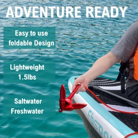 Thorkok Red Kayak Anchor Kit 1.5lb Small Boat Anchor Folding Grapnel Kayak Anchor for Kayak, Small Boat Canoe, Paddle Board, Jet Ski with 32.8 ft Anchor Tow Rope Carrying Bag