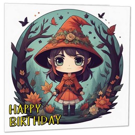 Cute Kawaii Woodland Witch Birthday Card - Chibi Forest Girl 145 x 145mm