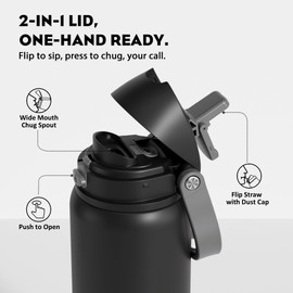 POWCAN 32 oz Stainless Steel Water Bottle for Sports: One-hand Push Button Lid, Leakproof, Keep Cold 24Hrs, Stainless Steel Cup with Straw for Camping, Outdoors, Workout, Travel (Midnight Black)