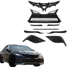 Silscvtt 9PCS Front Upper and Lower Grille without Sensor Hole Glossy Black Bumper Trim Molding Fog Light Bezel Set Replacement for Camry SE 2021 2022 2023