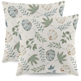 Wsunsal Fall Pillow Covers 18 x 18 Inch Set of 2 Teal Pumpkin and Maple Leaves Fall Decor Throw Pillow Covers for Couch, Farmhouse Autumn Thanksgiving Linen Cushion Cases for Home Sofa Outdoor Indoor