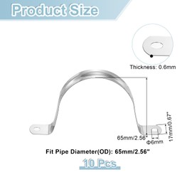 sourcing map 10Pcs Rigid Pipe Straps, 65mm(2.56") 201 Stainless Steel 2 Hole U-Shaped Bracket Tube Hanger Pipe Clamps for Fixing Pipe Cable